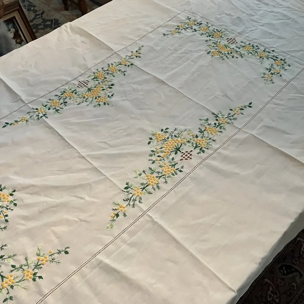 Cream Tablecloth Yellow Floral Embroidery 58